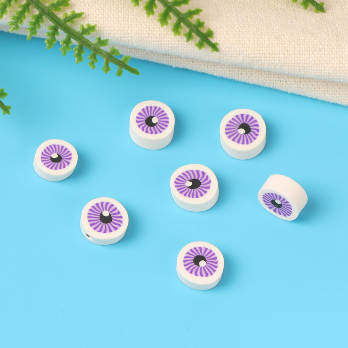 Flat Round Clay Beads 10mm Purple Eyes Pattern Polymer 100pcs 3
