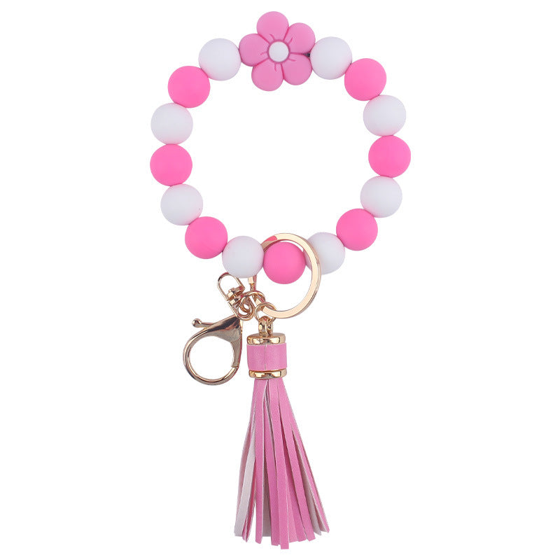 Colorful Flower Silicone Bead Wristlet Keychain with Leather Tassel 9