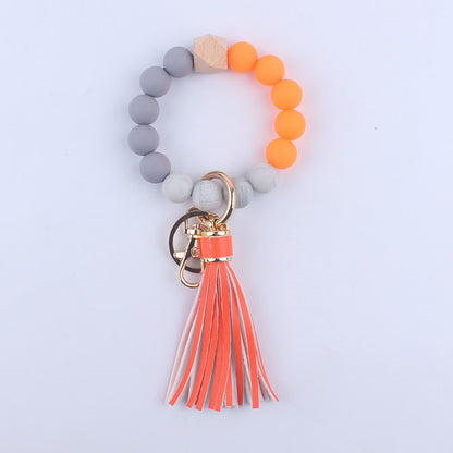 PU Leather Tassel Silicone Bead Wristlet Keychain Colorful Animal Print 18