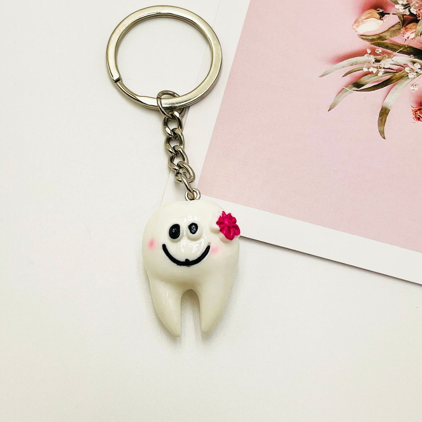 Resin Teeth Keychain Smiling White Tooth with Colorful Flower Charm 9