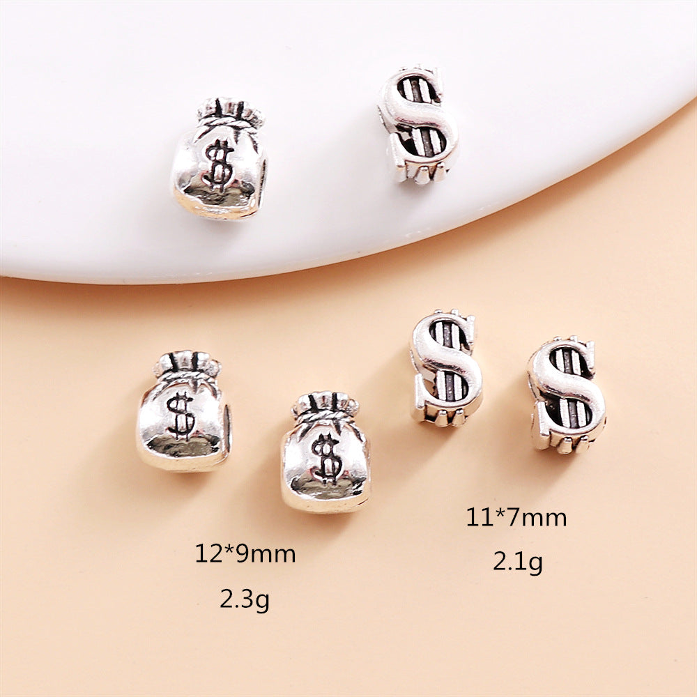 Money Bag and Dollar Sign Metal Beads 12mm Silver Tone Large Hole 30pcs 2