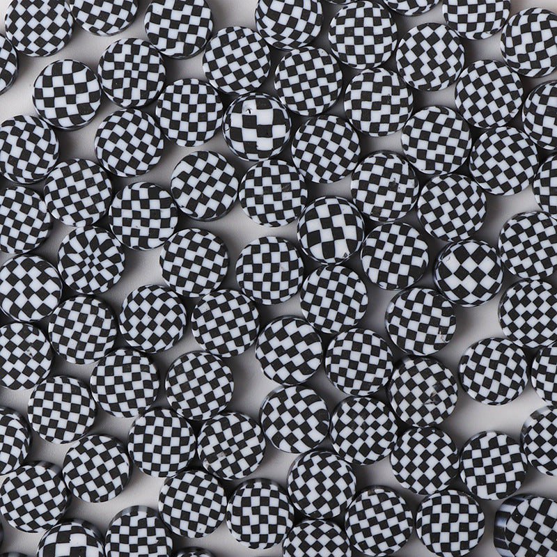 Round Clay Beads 10mm Black White Checkerboard Polymer 100pcs