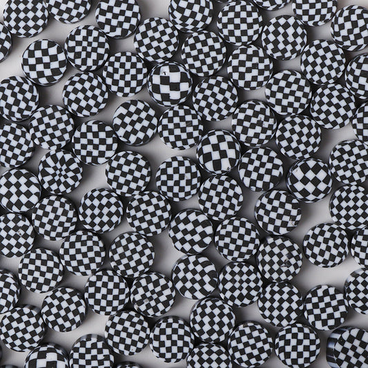 Round Clay Beads 10mm Black White Checkerboard Polymer 100pcs