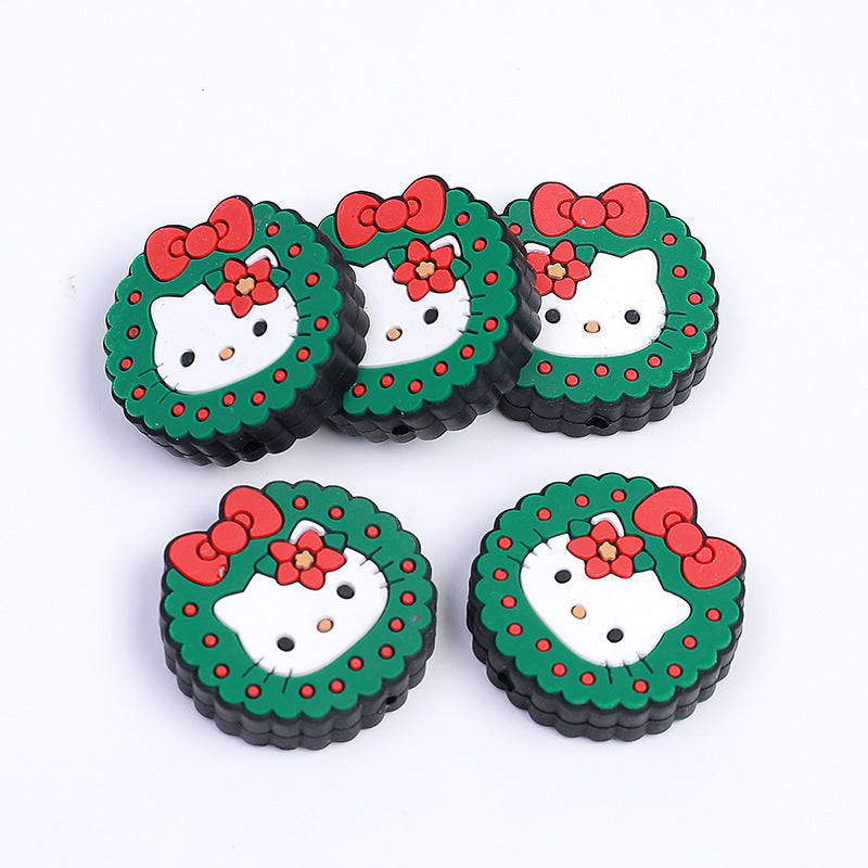 Silicone Focal Beads Christmas KT Cat Face Wreath 10pcs
