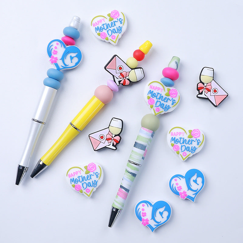 Silicone Focal Beads Mother's Day Heart Holding Child Envelope with Wine Glass 20pcs 3