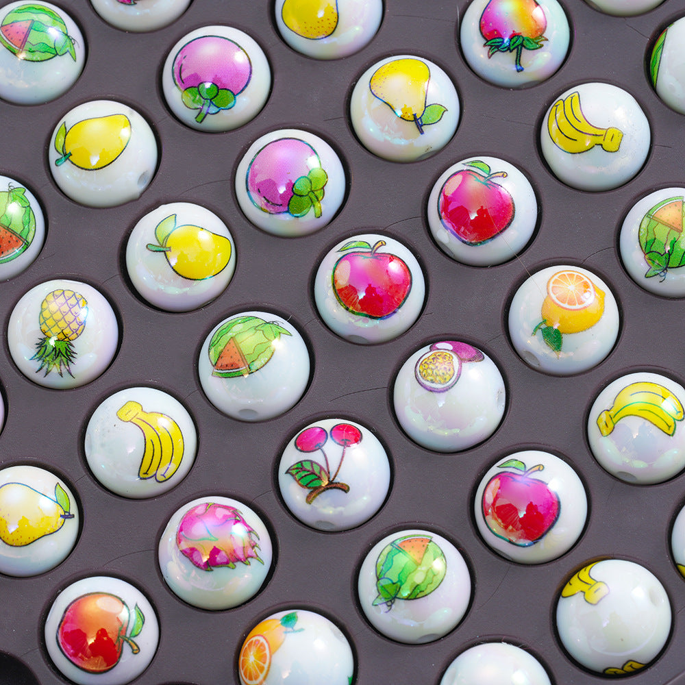 Plating Round Acrylic Beads 16mm Fresh Fruit Printed Glossy 20pcs