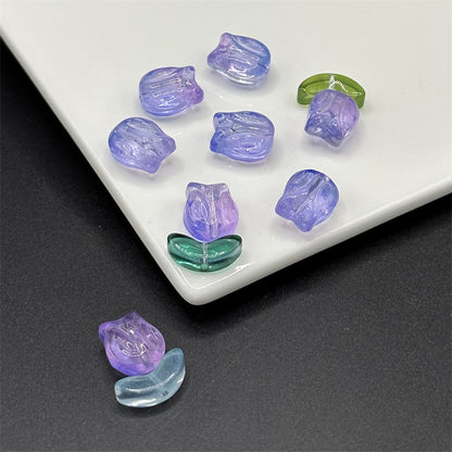 Tulip Transparent Glass Beads 12mm Pink Green Floral 100pcs 12