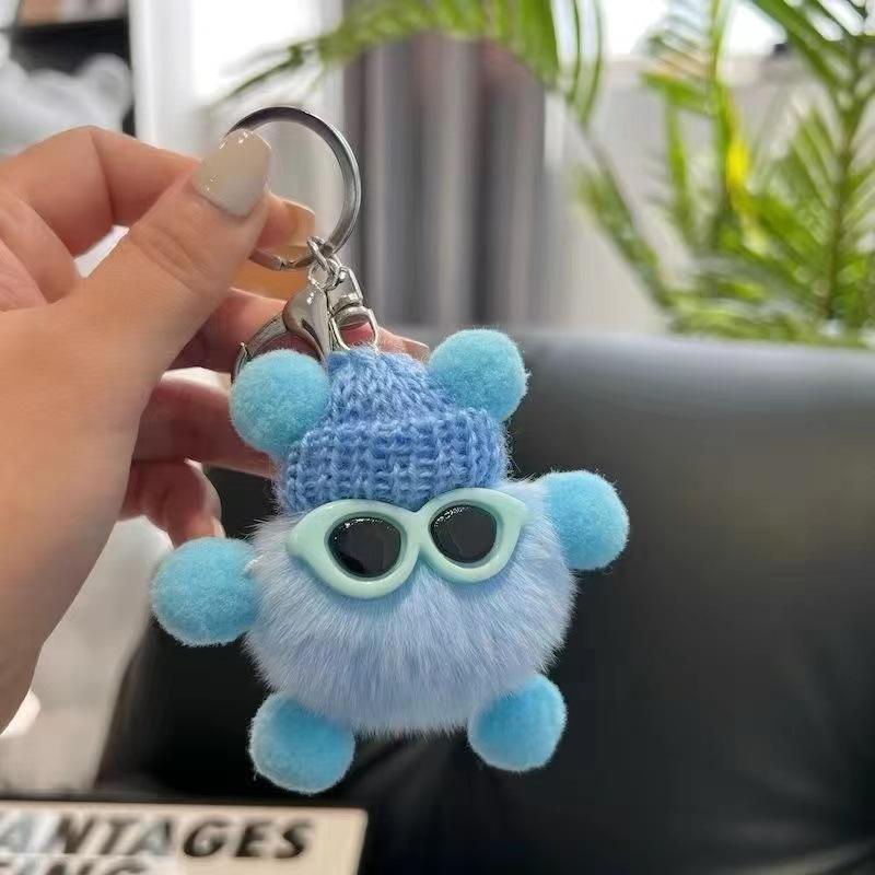 Fluffy Pom Pom Monster Doll Keychain with Sunglasses and Knitted Hat 14