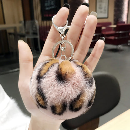 Plush Leopard Pom Pom Heart Keychain Soft Faux Fur 13cm 2pcs 8