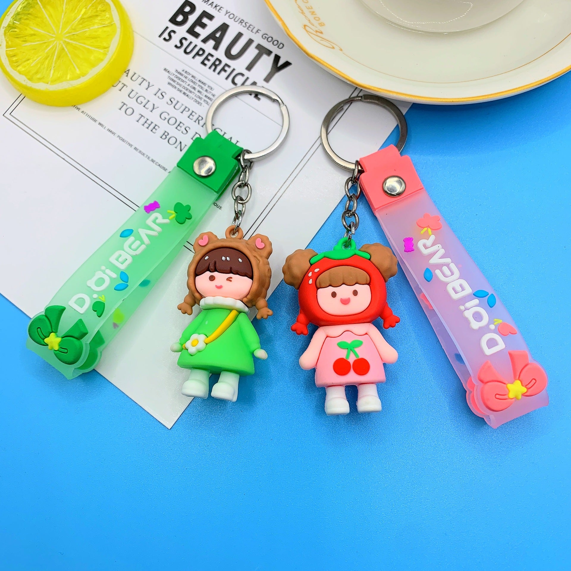 PVC Girl Keychain Silicone Cute Cartoon Character with Strap