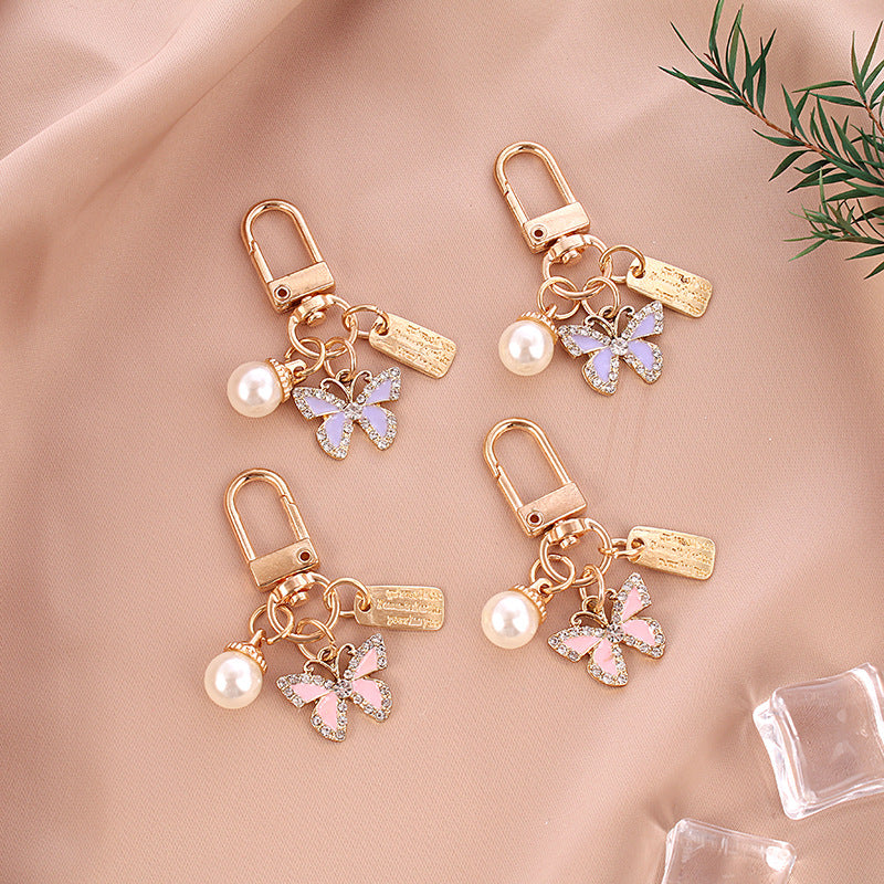 Alloy Butterfly Keychain Cartoon Pearl Crystal Accent Metal