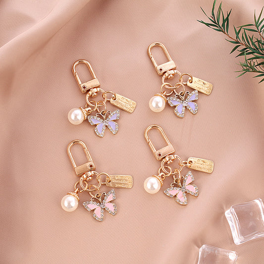 Alloy Butterfly Keychain Cartoon Pearl Crystal Accent Metal