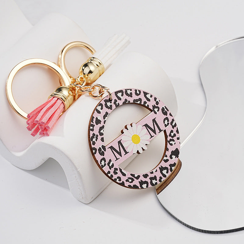 Pink Leopard Print Daisy Keychain Metal Gold Hardware Mom Gift