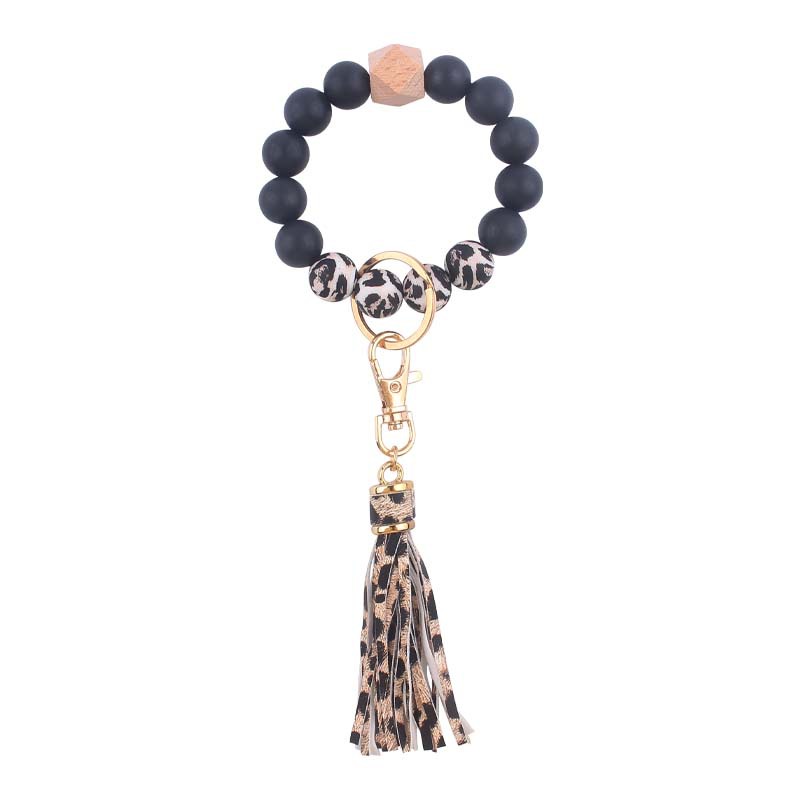 Silicone Beaded Wristlet Keychain with PU Tassel and Wood Accent 7