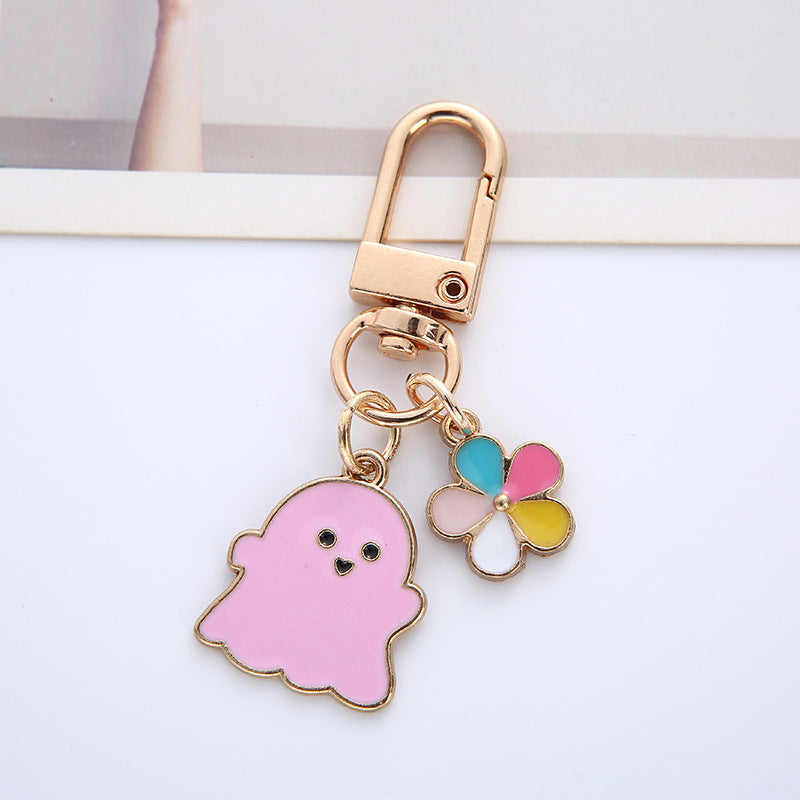 Enamel Pastel Ghost Halloween Keychain with Flower Charm Zinc Alloy 7