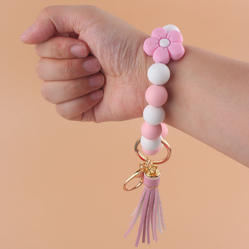 Colorful Flower Silicone Bead Wristlet Keychain with Leather Tassel 4