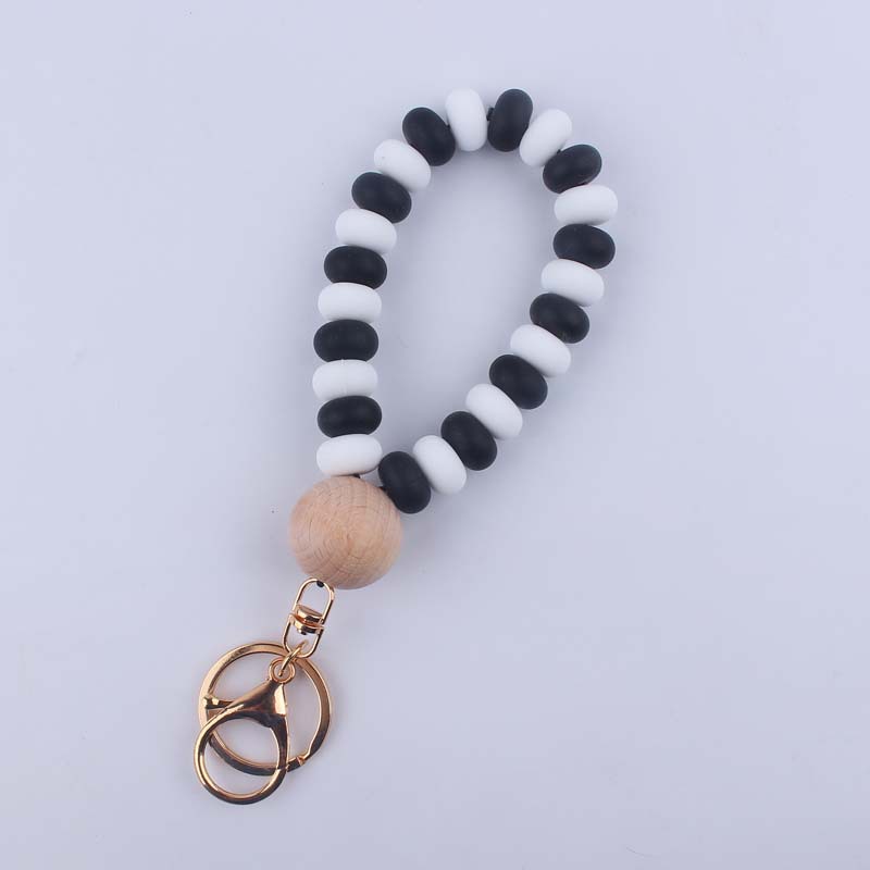 Silicone Beaded Flat Wristlet Keychain with Wood Accent 13