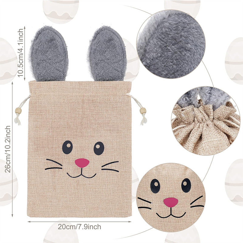 Linen Drawstring Gift Bags with Grey Furry Rabbit Ears 20x26cm 10pcs 3