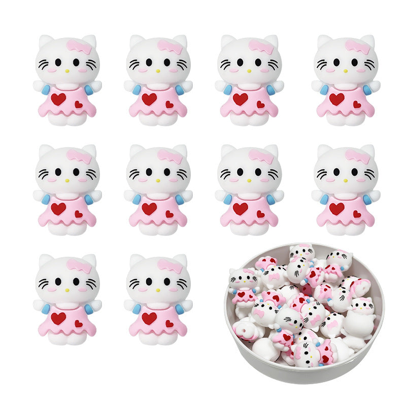 Silicone 3D Focal Beads Kitty Cat Wearing Pink Heart Dress 2