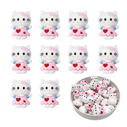 Silicone 3D Focal Beads Kitty Cat Wearing Pink Heart Dress 2