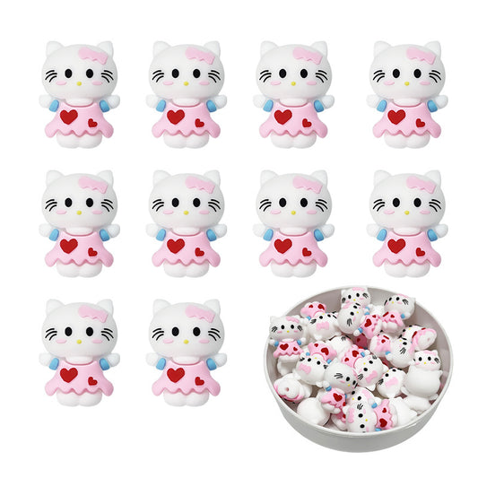 Silicone 3D Focal Beads Kitty Cat Wearing Pink Heart Dress 2