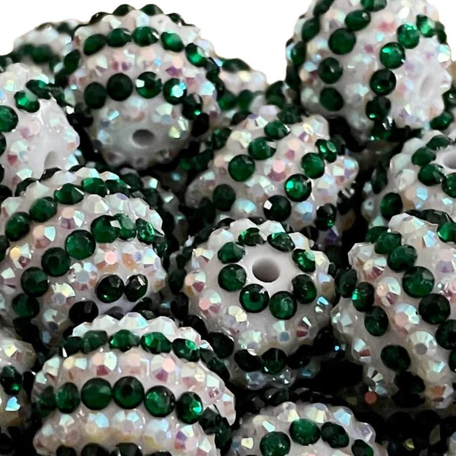 Striped Bubblegum Beads 16-22mm White and Dark Green Rhinestone 5pcs 3