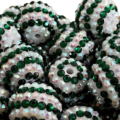 Striped Bubblegum Beads 16-22mm White and Dark Green Rhinestone 5pcs 3