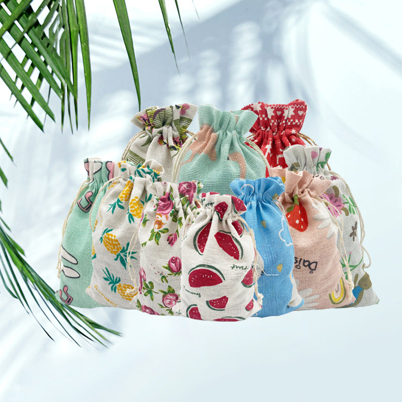 Cotton Linen Drawstring Pouches 10x14cm Animal and Botanical Prints 2pcs