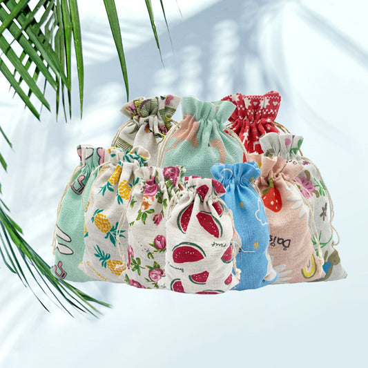 Cotton Linen Drawstring Pouches 10x14cm Animal and Botanical Prints 2pcs