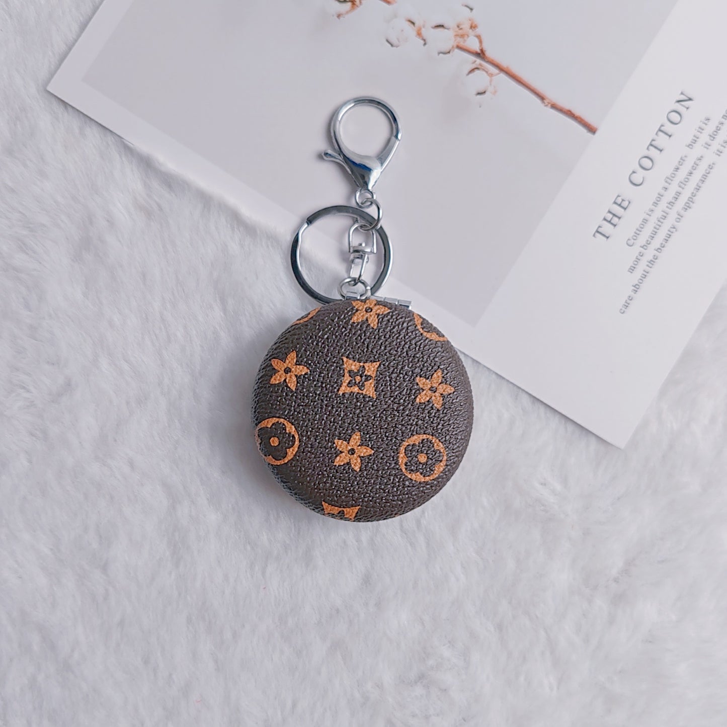 Plaid Pattern PU Leather Round Mirror Keychain Gold Clasp 2pcs 6