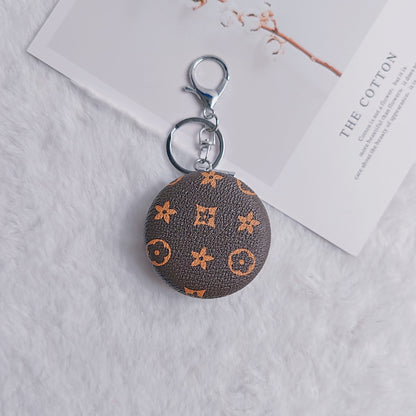 Plaid Pattern PU Leather Round Mirror Keychain Gold Clasp 2pcs 6