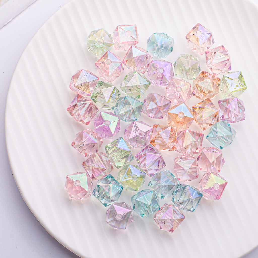 Translucent Angular Faceted Square Acrylic Beads 14mm Pastel Rainbow 100pcs