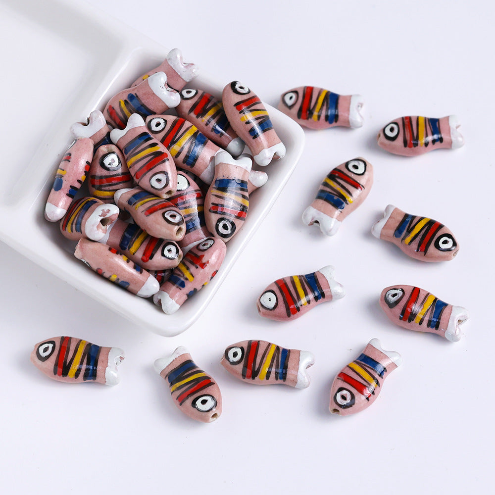 Hand Painted Fish Ceramic Beads 22mm Striped Colorful 5pcs 3