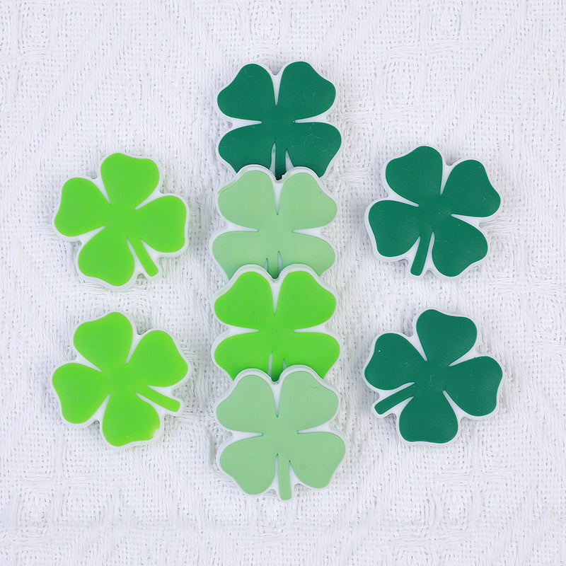 Silicone Focal Beads Four Leaf Clover Matte Green Hues 20pcs 3
