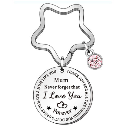 Stainless Steel Mum Round Keychain Star Ring Pink Crystal Charm