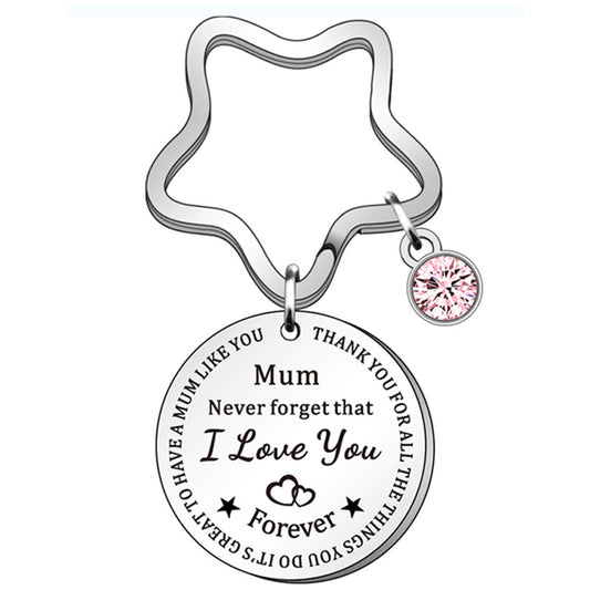 Stainless Steel Mum Round Keychain Star Ring Pink Crystal Charm
