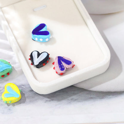 Lampwork Glass Beads Heart 14x17mm Hand Painted Two Tone Dotted 25pcs 3