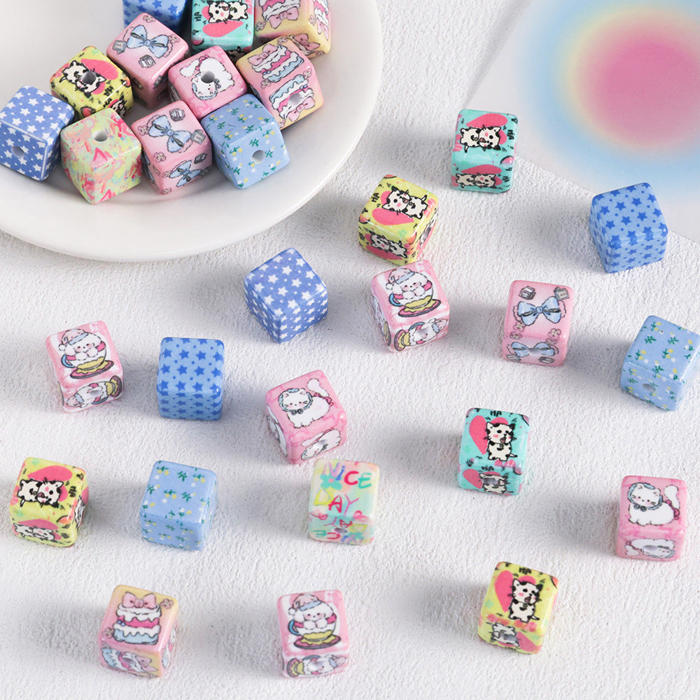 Adobe Printed Square Acrylic Beads 15mm Kitten Puppy Design 10pcs
