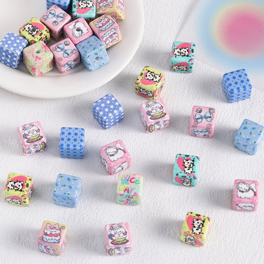 Adobe Printed Square Acrylic Beads 15mm Kitten Puppy Design 10pcs