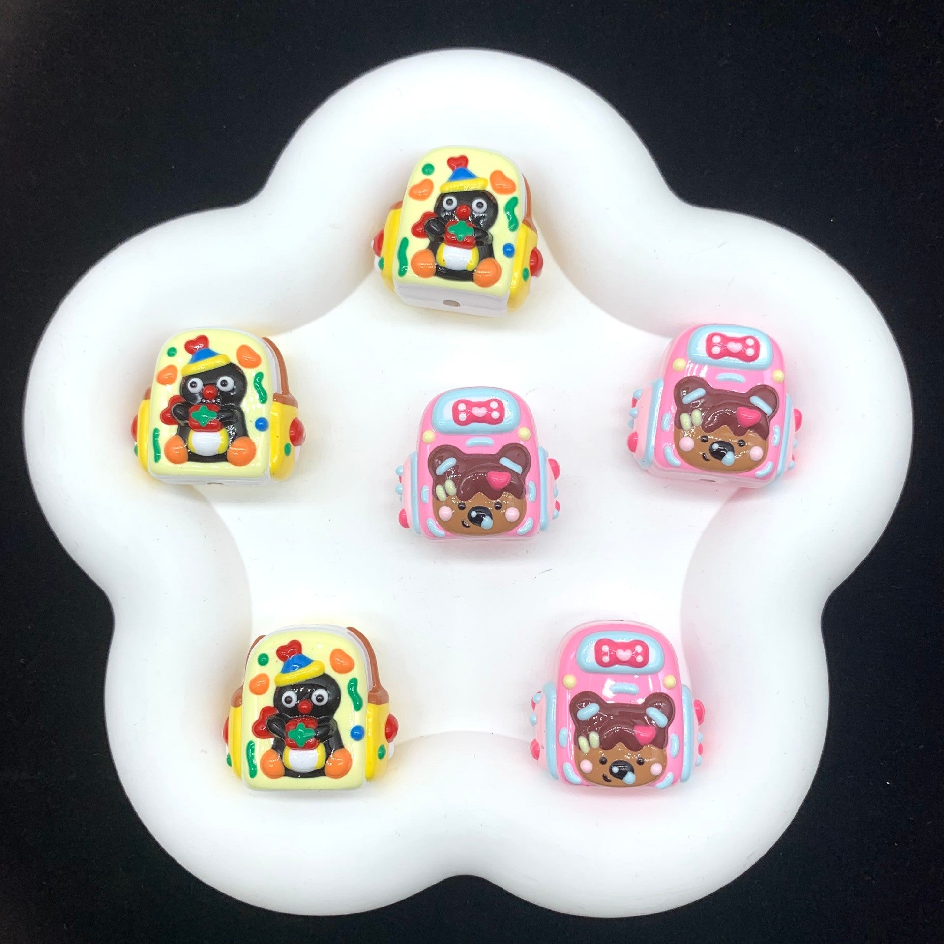 Hand Painted Backpack Acrylic Beads 28x35mm Pingu and Pechabear 4pcs