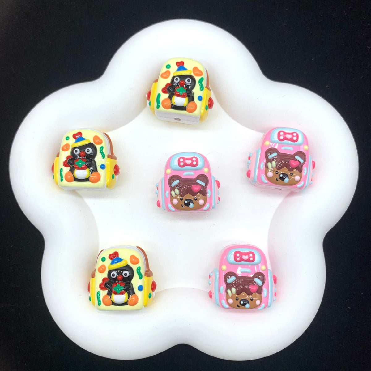 Hand Painted Backpack Acrylic Beads 28x35mm Pingu and Pechabear 4pcs