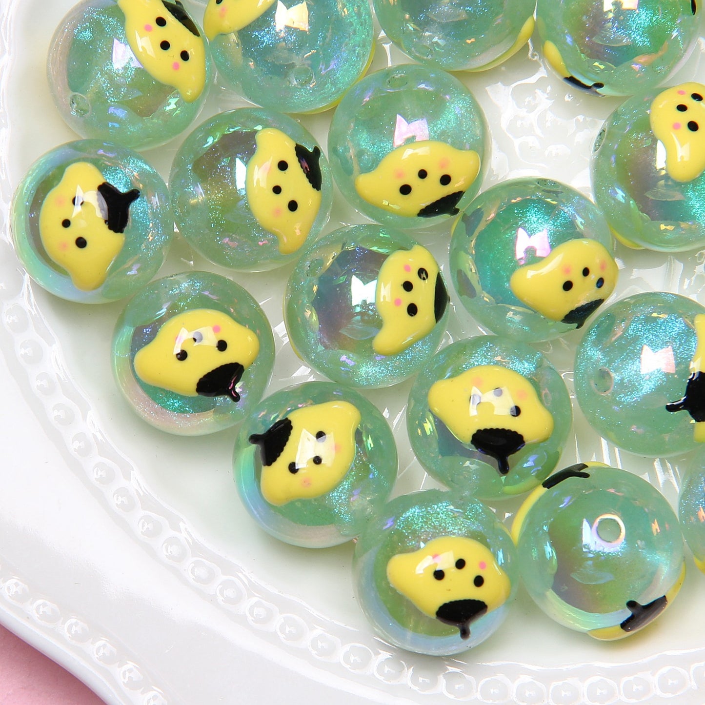 Hand Painted Bear Acrylic Beads 16mm Glossy Single Piece 12