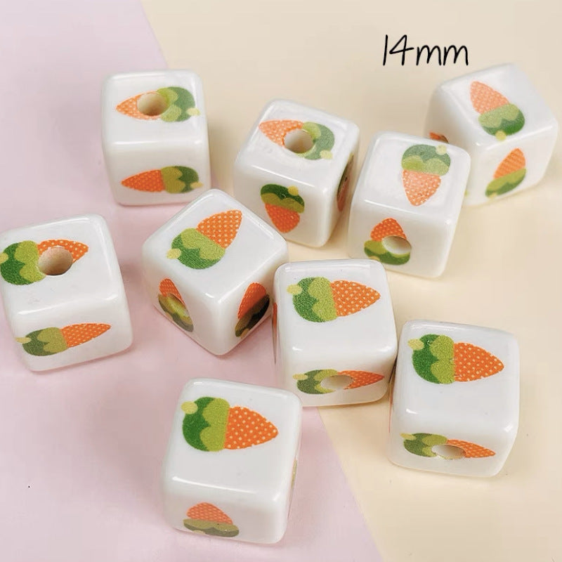 Cream Cartoon Printed Square Acrylic Beads 14mm 20pcs 11