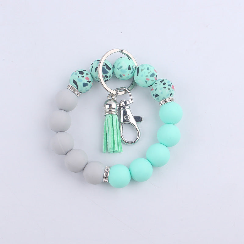 Tassel Leopard Print Silicone Bead Wristlet Keychain Soft Matte 15
