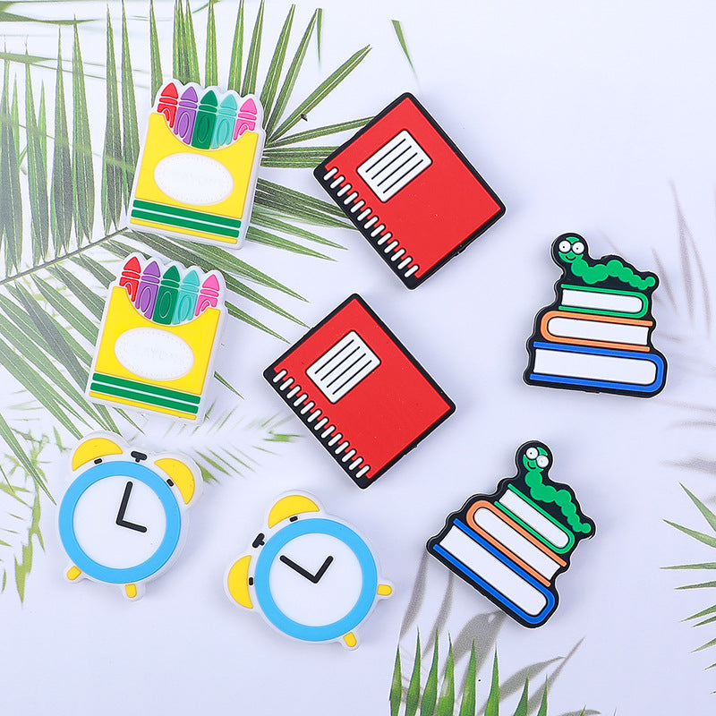 Silicone Focal Beads School Theme Crayon Alarm Clock Bookworm 20pcs 2