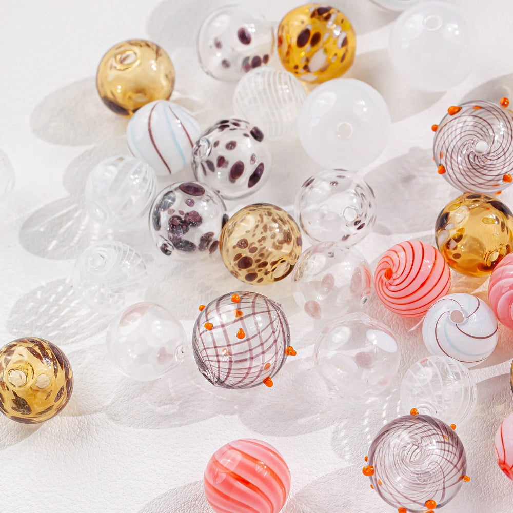 Vintage Hollow Speckled Blown Glass Beads Hand Painted 4pcs