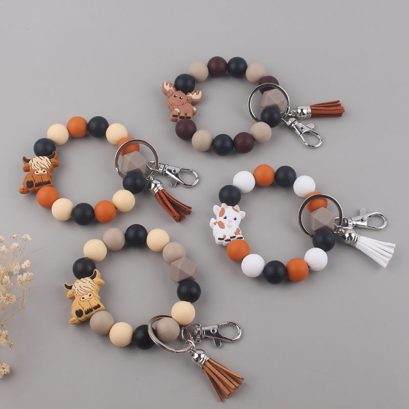 Silicone Beaded Yak Wristlet Keychain with Faux Leather Tassel 2