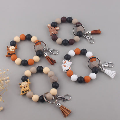 Silicone Beaded Yak Wristlet Keychain with Faux Leather Tassel 2
