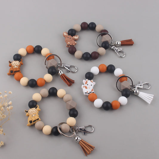 Silicone Beaded Yak Wristlet Keychain with Faux Leather Tassel 2