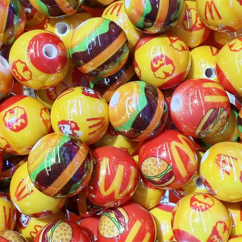 Painted Round Acrylic Beads 16mm McDonald Hamburger Design 100pcs 2